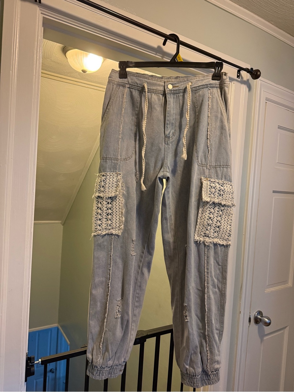 Light Blue Crochet-Patch Boyfriend Jeans for Women